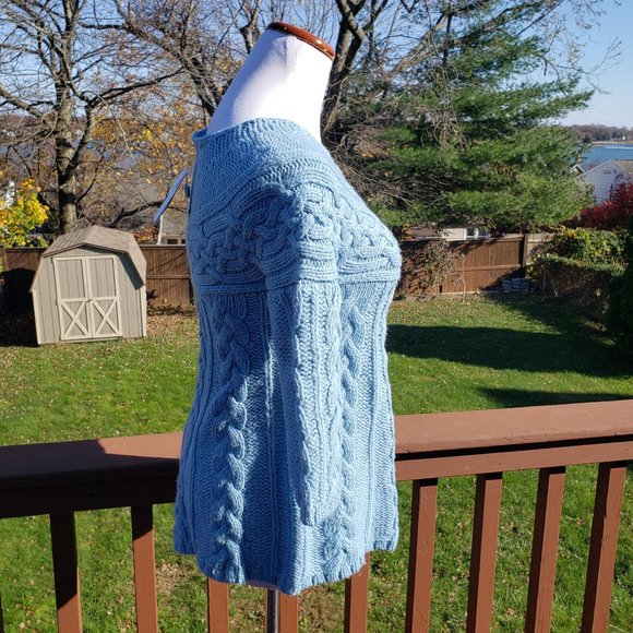 Sweater Wool Blend Celtic Cable Lt Blue GAP Sz XS - Picture 8 of 12